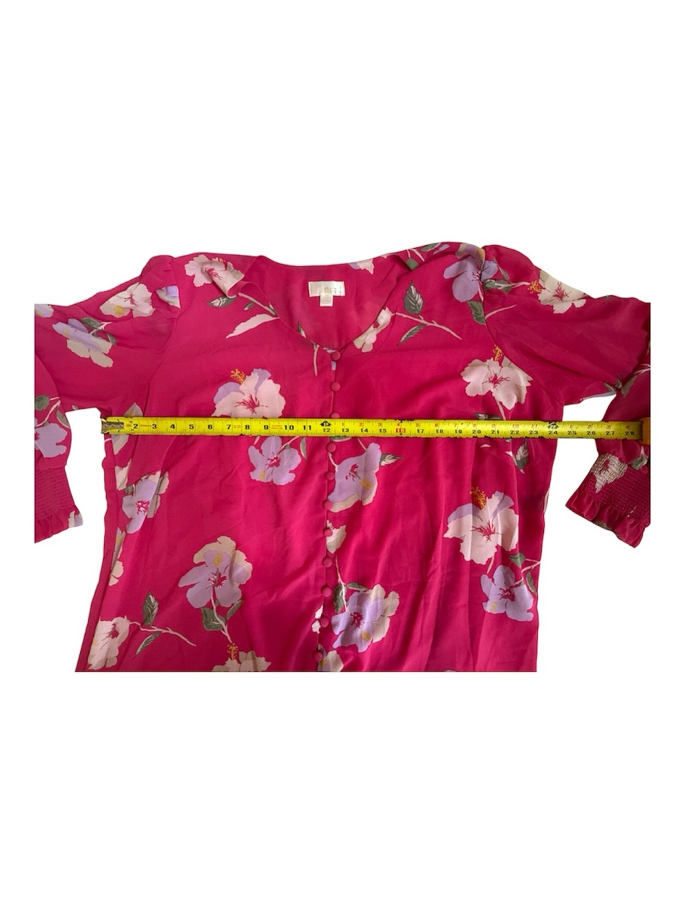 Belle Kim Gravel Fuchsia Floral Smocked Cuff V-Neck Blouse Plus Size 1X Tropical - Picture 4 of 8